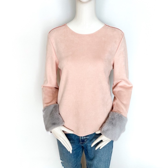 NWT | Zara Faux Suede Top Faux Fur Sleeve Trim Light Pink Grey Gray Pullover M - Picture 3 of 13